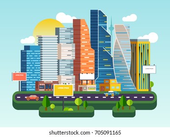 Flat vector cartoon illustration urban landscape street with cars, skyline city office buildings, family houses, skyscrapers and business centers, supermarkets in background. Traffic on the road.