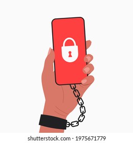 Flat vector cartoon illustration of a user's hand chained to a smartphone. The concept of internet addiction or nomophobia. The need for a digital detox. White background.