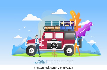flat vector cartoon illustration vacation summer style. a man takes a woman's vacation to the mountains with a beautiful view and she very happy, driving a car carrying suitcase. for web, UI/UX