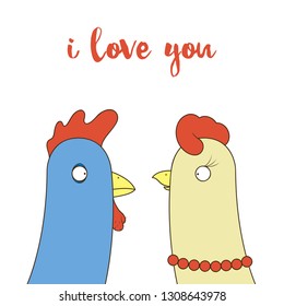 Ilustración de caricaturas de vectores planos para el Día de San Valentín. Pareja enamorada - Gallo y pollo