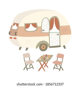 Dibujo gráfico de vector plano de una camioneta, mesa y sillas. Una furgoneta para viajes al aire libre de verano, un concepto de picnic y diversión. Diseño en un fondo blanco