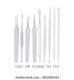 Flat vector cartoon illustration of various face cleaning tools. Tools for black spots and pimples on the face isolated on a white background. Concept of home care for problem skin.