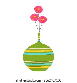 Flat vector cartoon illustration of a vase with flowers. White background.