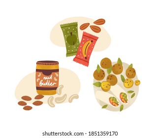 Flat vector cartoon illustration of vegetarian snacks and desserts. Vegan nutritious food composition isolated on white. Lunch with nuts, peanut butter, fruit energy bars and falafel wrap