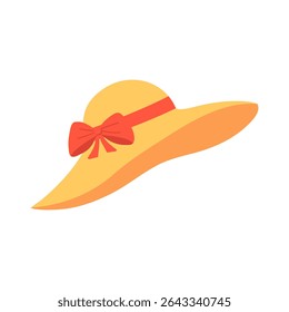 Flat vector cartoon illustration of a wide-brimmed beach hat with a red bow. For summer, vacation, beach, card and feminine fashion design. Isolated on white background.