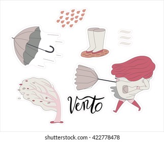 Dibujo de una viñeta vectorial plana de un conjunto de stickers de chica ventosa