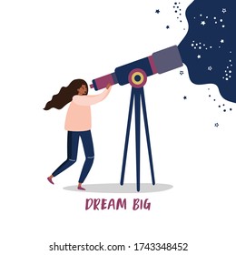 Dibujo gráfico vectorial plano de una mujer mirando a través de un telescopio. La frase sueña mucho. Banner motivacional e inspirador sobre negocios, encontrar nuevas soluciones, ocio, Hobbies