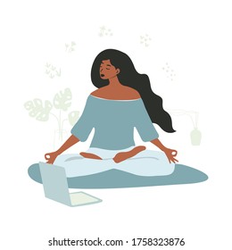 Flat vector cartoon illustration of a woman performing online yoga exercises at home with a laptop in her room. Home activity. The concept of a healthy lifestyle for poster and banner