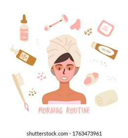 Flat vector cartoon illustration of a woman coming out of the shower, with a mask on her face and a towel. Morning routine, home activity. The concept of self-care.