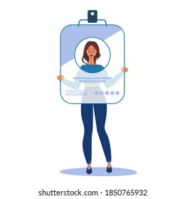 Flat vector cartoon illustration of a woman holding a large ID card. Security access ID pass card. Concept of employee identification on a white background.