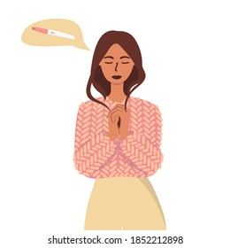 Flat vector cartoon illustration of a woman in anticipation of a positive pregnancy test result in the form of two lines. The concept of pregnancy planning, maternal