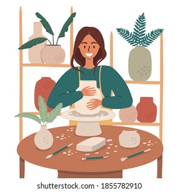 Flat vector cartoon illustration of a woman engaged in pottery. The work of the Potter's wheel and the creation of ceramic objects. Home activity and Hobbies for the soul.