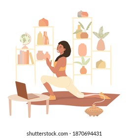 Flat vector cartoon illustration of a woman practicing yoga at home. View online classes on a laptop and use the aroma lamp during yoga, isolated on a white background.