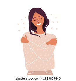 Flat vector cartoon illustration of a woman hugging herself. The concept of self-love, self care and self-acceptance.