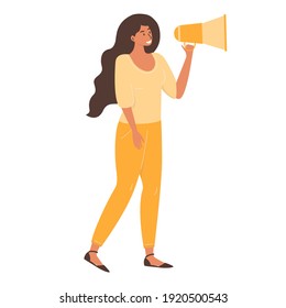 Flat vector cartoon illustration of a woman speaking into a megaphone calling for something. Concept statement, utterance, breaking news. Isolated design on a white background.