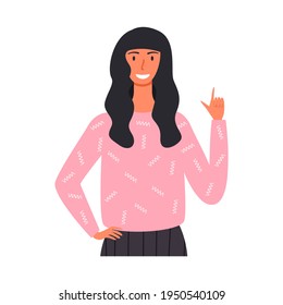 Flat vector cartoon illustration of a woman showing her index finger up. A happy woman in a pink sweater. I have an idea. A friendly gesture. Isolated design on a white background.