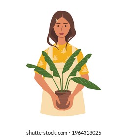 Flat vector cartoon illustration of a woman holding a pot with a plant. The concept of a hobby is to grow indoor plants. Isolated design on a white background.