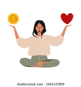 Flat vector cartoon illustration of a woman who chooses between career and health. The concept of work-life or health balance. Vector illustration in a flat style.Isolated design on a white background