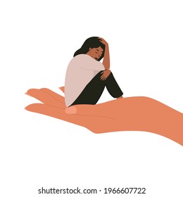 Flat vector cartoon illustration of a woman sitting on the palm of her hand in a depressed mood, hugging her knees. Mental health problems, burnout, depression. The concept of help and support.