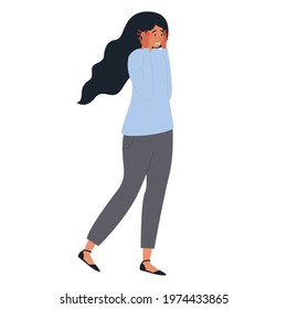 Flat vector cartoon illustration of a woman feeling a severe headache and pressing her hands to her head. Isolated design on a white background.