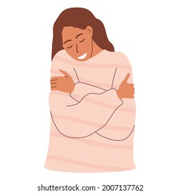 Flat vector cartoon illustration of a woman hugging herself. The concept of self-love, self care and self-acceptance.