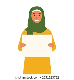 A flat vector cartoon illustration of a woman in a hijab holding an empty poster with space for text. Isolated design on a white background.