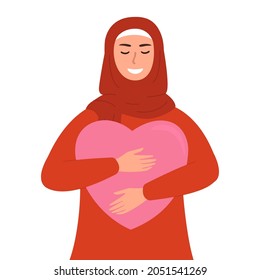 A flat vector cartoon illustration of a woman in a hijab hugging a big heart with care and love. The concept of self-acceptance and self-confidence.