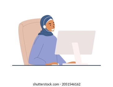 A flat vector cartoon illustration of a woman in a hijab with a headset working at a computer in a call center. Work in the support department.