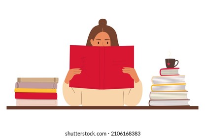 A flat vector cartoon illustration of a woman reading at a table with a book in her hands. The concept of self-development, self-education. Isolated design on a white background.