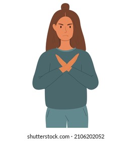 Dibujo vectorial plano de una mujer que muestra un gesto de desacuerdo, negación, rechazo con sus manos. Palmeras cruzadas, expresión fruncida. Comunicación no verbal.