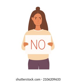 A flat vector cartoon illustration of a woman with a negative facial expression showing a poster with the inscription no, expressing disagreement, denial, refusal.