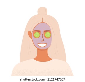 A flat vector cartoon illustration of a woman with a nourishing mask on her face and cucumbers on her eyes. The concept of morning routine and skin care.