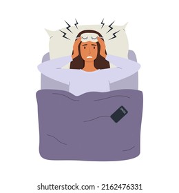 A flat vector cartoon illustration of a woman lying in bed and unable to fall asleep. The concept of insomnia, sleep disorders, headache, feeling of tension, obsessive thoughts.