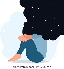 A flat vector cartoon illustration of a woman in a depressed mood, sitting on the floor and holding her knees, scribbling over her head. Mental health problems, burnout, depression.