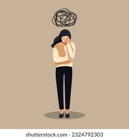 A flat vector cartoon illustration of a woman in a depressed mood, scribbling over her head. 