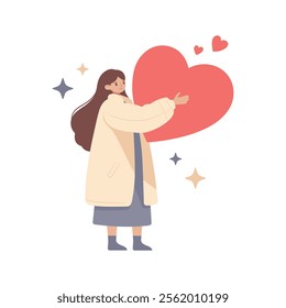 Flat vector cartoon illustration of a woman hugging a big red heart with care and love. Smiling girl in love, love myself. Happy Valentine's Day. Share your heart.