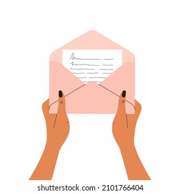 A flat vector cartoon illustration of a woman's hands holding an open pink envelope with a handwritten letter. Isolated design on a white background.