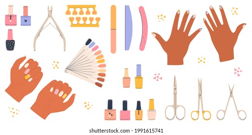 Flat vector cartoon illustration of women's hands and various manicure accessories. Scissors, nail files, clippers, polishes, nail polish palette, and toe separators. White background.