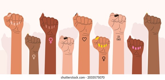 A flat vector cartoon illustration of women's fists raised up in protest. A symbol of the feminist struggle for women's rights. Girl power.