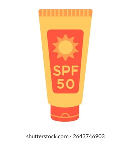 Ilustración de dibujos animados de Vector plano de una botella de protector solar amarillo con el símbolo del sol. Para el verano, la playa, el cuidado de la piel y el diseño de vacaciones. Aislado sobre fondo blanco.