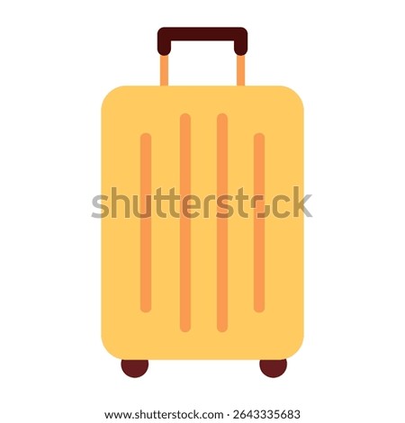 Flat vector cartoon illustration of a yellow travel suitcase with wheels and handle. For vacation, trip, card and summer travel designs. Isolated on white background.