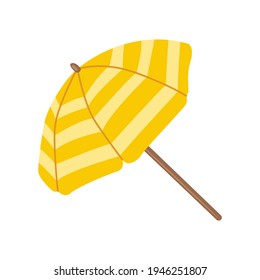 Flat vector cartoon illustration of a yellow-and-orange striped beach umbrella. A symbol of a holiday and a fun time by the sea. White background