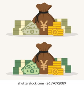 Flat vector cartoon illustration of yen money bag, green stacks of notes with gold coins, ideal for Japanese finance, savings, and economy-related creative projects