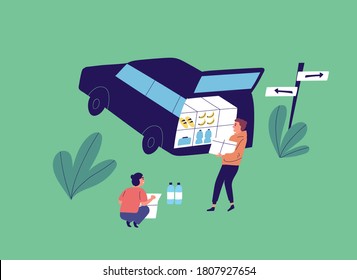 Flat Vector Cartoon Illustration With Young People Unloading Car. Couple Near Opened Car Trunk Carry Food Product For Camp. Squatting Woman Near Box Of Water Bottle