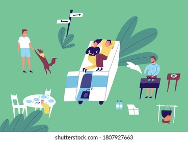 Flat vector cartoon illustration with young couple relaxing in nature. People at summer camping vacation cooking barbeque and playing with dog. Group of friends having a picnic at the campsite