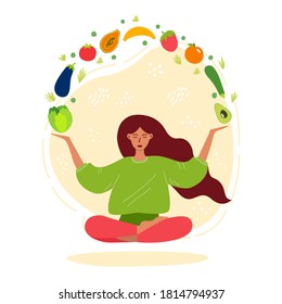 Flat vector cartoon illustration of a young woman sitting in a Lotus position surrounded by vegetables and fruits. Design for use on t-shirts, posters, invitations and postcards