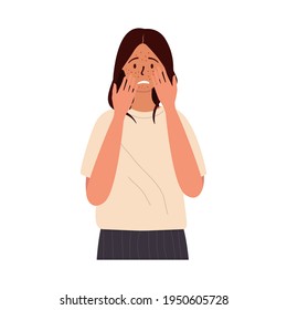 Flat vector cartoon illustration of a young sad girl with skin problems covering her face with her hands. Red rashes, pimples on the face. White background.