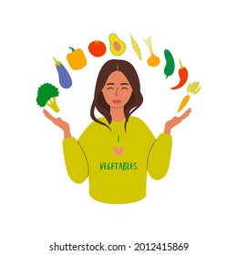 Flat vector cartoon illustration of a young vegan woman surrounded by vegetables. The concept of conscious choice in favor of vegetables. Isolated design on a white background.