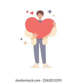 Flat vector cartoon illustration of a young man hugging a big red heart with care and love. Smiling guy in love, love myself. Happy Valentine's Day. Share your heart.