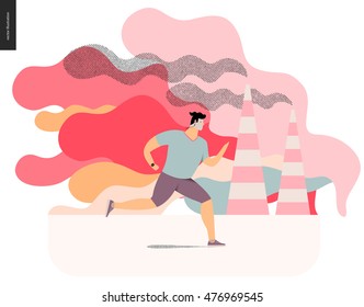  Flat vector cartoon illustration of a young sportsman running along the urban street, with a lot of smoke and industrial pipes smoking on the background.